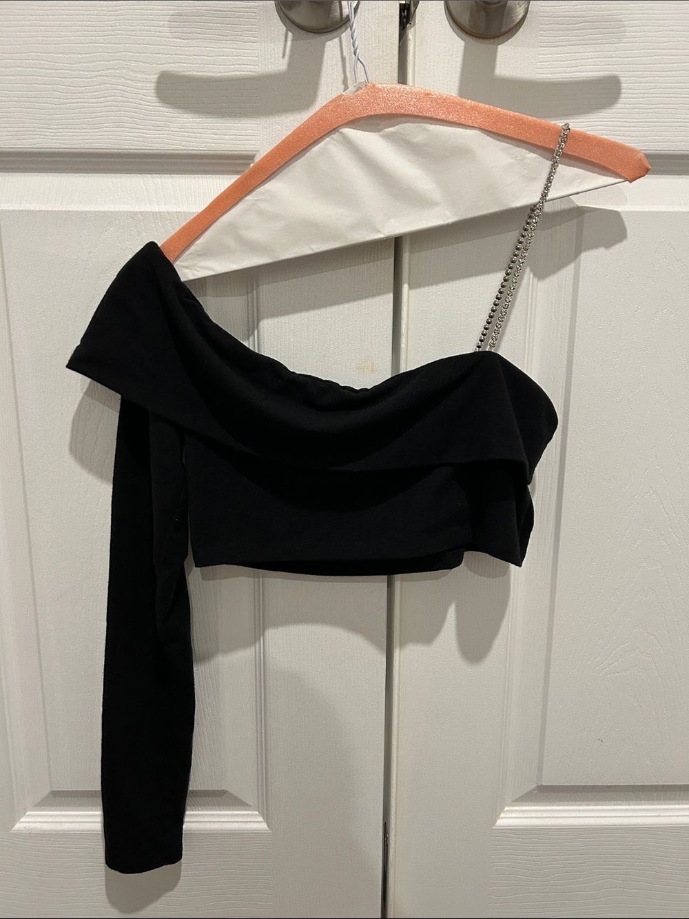 Black One-Shoulder Long-Sleeve Crop Top With Rhinestone Strap - Women's Top PLT